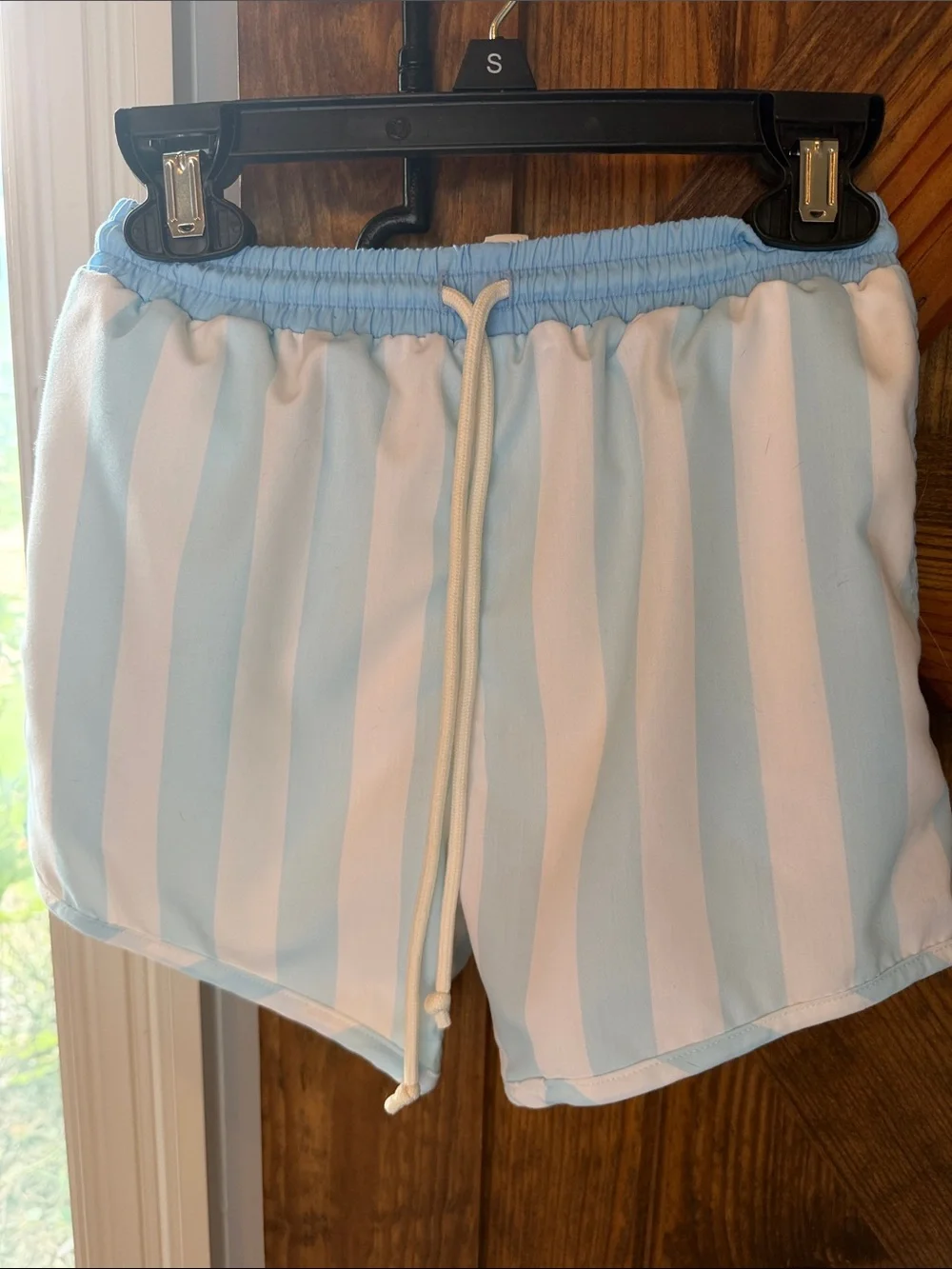 Little Lamb & CO Light Blue & White Striped Swim Shorts with Drawstring-Size 7/8
